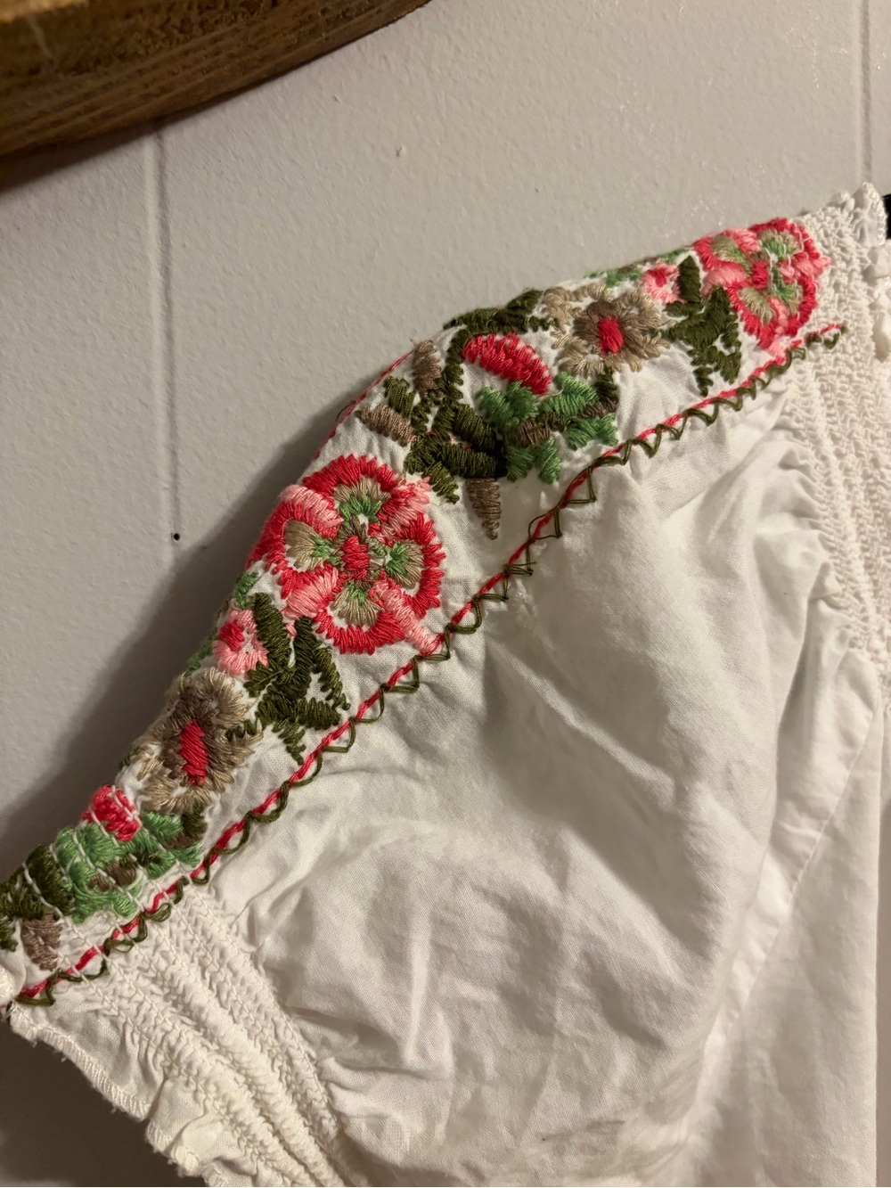 Jennifer & Grace White Peasant Top with Pink and Green Embroidery - Picture 3 of 5
